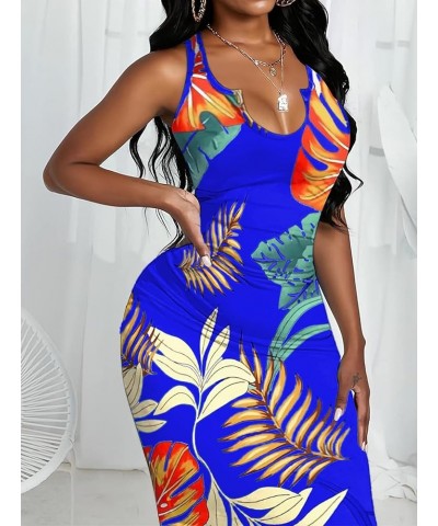 Women's Sexy U Neck Bodycon Midi Dress Floral Print Sleeveless Summer Sun Tank Dresses A-blue Floral $8.99 Dresses