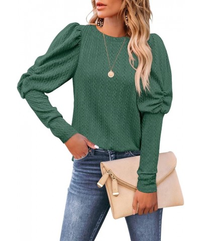 Womens Puff Long Sleeve Crewneck Cable Knit Casual Loose Pullover Sweater Tops 04 Green $13.20 Sweaters