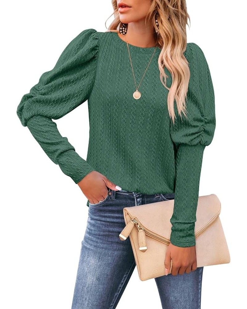 Womens Puff Long Sleeve Crewneck Cable Knit Casual Loose Pullover Sweater Tops 04 Green $13.20 Sweaters