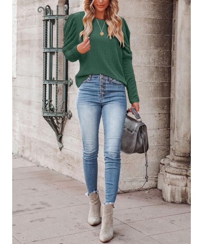 Womens Puff Long Sleeve Crewneck Cable Knit Casual Loose Pullover Sweater Tops 04 Green $13.20 Sweaters