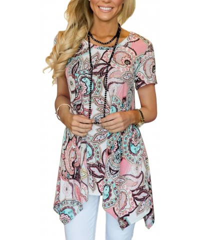 Womens Summer Short Sleeve Floral Print Irregular Hem Loose Fit Tunic Tops A-pink $14.26 Tops