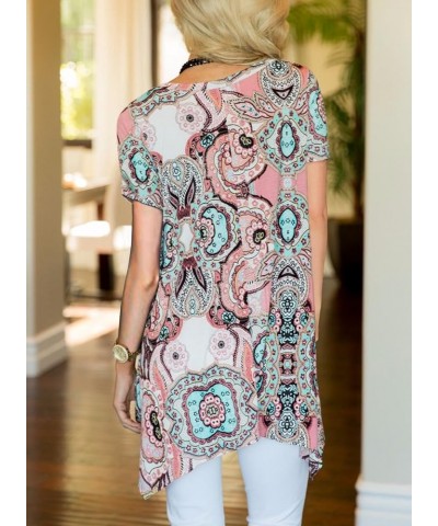 Womens Summer Short Sleeve Floral Print Irregular Hem Loose Fit Tunic Tops A-pink $14.26 Tops