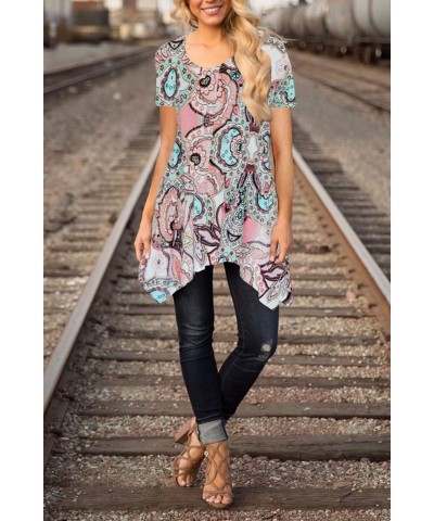 Womens Summer Short Sleeve Floral Print Irregular Hem Loose Fit Tunic Tops A-pink $14.26 Tops