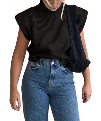 Women Cap Sleeve Sweater Vest Stretchable Knit Tank Lightweight Mock Neck Sleeveless Pullover Top Pad Shoulder Black $10.32 S...