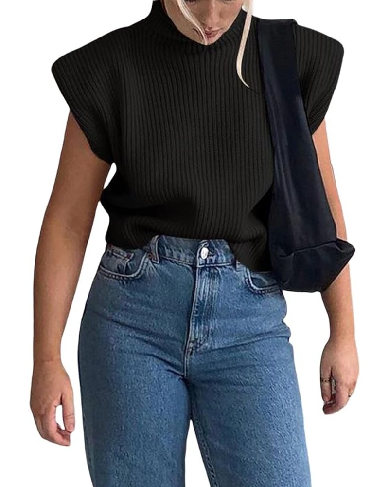 Women Cap Sleeve Sweater Vest Stretchable Knit Tank Lightweight Mock Neck Sleeveless Pullover Top Pad Shoulder Black $10.32 S...