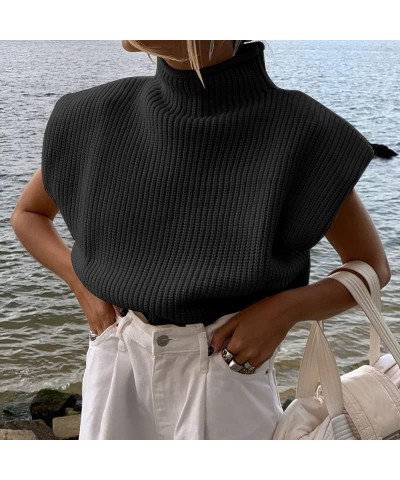 Women Cap Sleeve Sweater Vest Stretchable Knit Tank Lightweight Mock Neck Sleeveless Pullover Top Pad Shoulder Black $10.32 S...