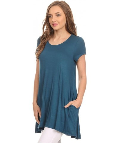 Women's Solid Casual Short Sleeve Loose Fit Pockets Knit Shirt Tunic Top Tee/Made in USA Hte00014 Teal $9.98 T-Shirts