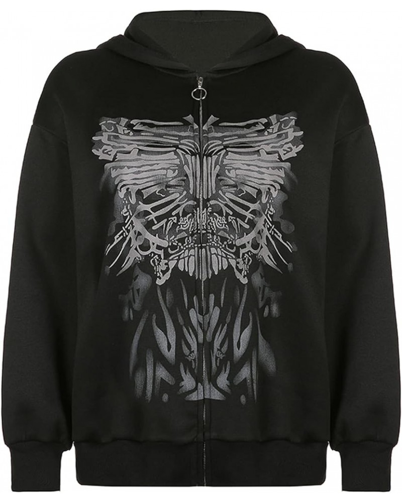 Y2k Full Zip Up Hoodies for Women Men Oversized Skeleton Graphic Over Face Sweatshirt Goth Punk Hip Hop Jacket Coat J Black S...