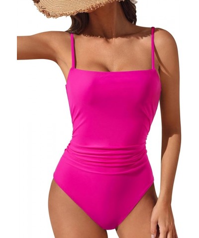 Women Sexy Tummy Control One Piece Swimsuits Square Neck Bathing Suits 62 Hot Pink $16.73 Swimsuits
