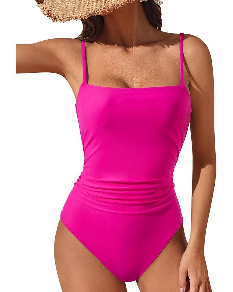 Women Sexy Tummy Control One Piece Swimsuits Square Neck Bathing Suits 62 Hot Pink $16.73 Swimsuits