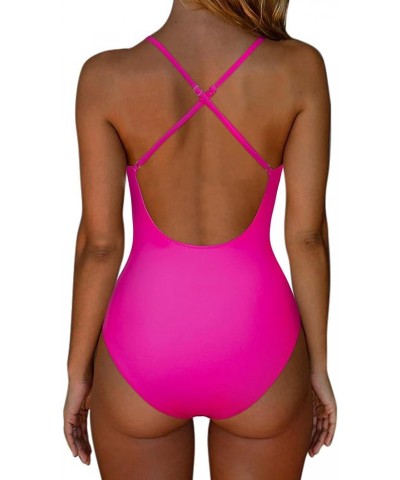 Women Sexy Tummy Control One Piece Swimsuits Square Neck Bathing Suits 62 Hot Pink $16.73 Swimsuits