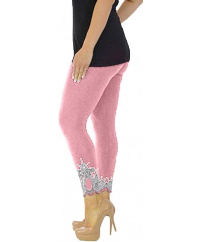 Yoga Pants for Women Plus Size Lace Leggings Workout Elastic Leggings Stretch Lace Trim Soft Tights Pink-1 $10.39 Activewear