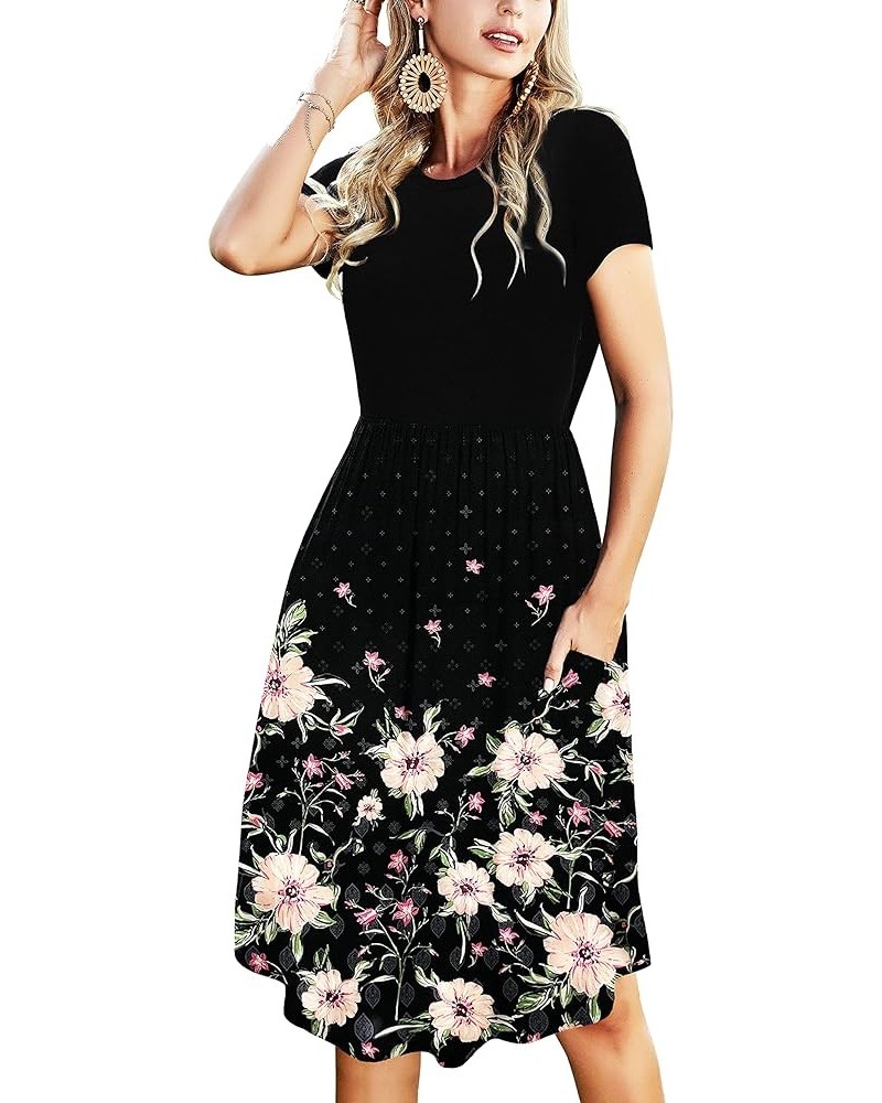 2024 Women's Summer Pockets Teacher Work Casual Midi Dresses A-flower Fire-upward Growth-black-patchwork $20.90 Dresses