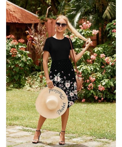 2024 Women's Summer Pockets Teacher Work Casual Midi Dresses A-flower Fire-upward Growth-black-patchwork $20.90 Dresses