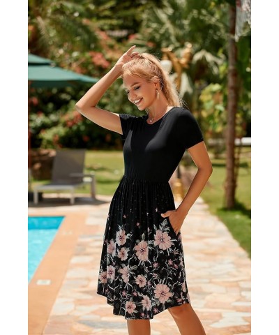 2024 Women's Summer Pockets Teacher Work Casual Midi Dresses A-flower Fire-upward Growth-black-patchwork $20.90 Dresses