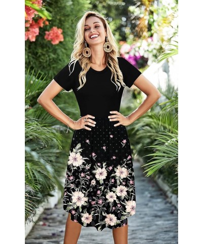 2024 Women's Summer Pockets Teacher Work Casual Midi Dresses A-flower Fire-upward Growth-black-patchwork $20.90 Dresses