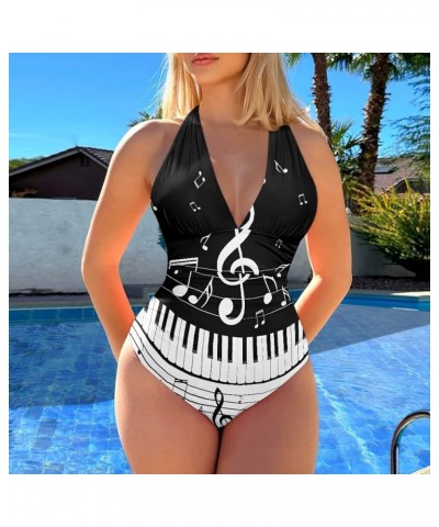 Womens Tummy Control Bathing Suit Sexy One Piece Swimsuits Slimming Halter Ruched Swimwear Piano Keys Music Notes $17.97 Swim...