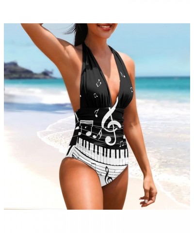 Womens Tummy Control Bathing Suit Sexy One Piece Swimsuits Slimming Halter Ruched Swimwear Piano Keys Music Notes $17.97 Swim...