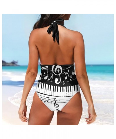 Womens Tummy Control Bathing Suit Sexy One Piece Swimsuits Slimming Halter Ruched Swimwear Piano Keys Music Notes $17.97 Swim...