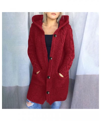 Mid-Length Sweater Cardigan Women's Loose Hooded Long Sleeve Button Trench Coats Pocket Solid Thick Jackets Wine $19.43 Sweaters