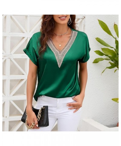 Satin Short Sleeve Blouse for Women Lace Trim V Neck Silk Tops Summer Casual T Shirt Green $9.89 Blouses