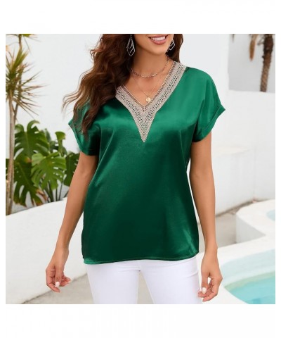 Satin Short Sleeve Blouse for Women Lace Trim V Neck Silk Tops Summer Casual T Shirt Green $9.89 Blouses