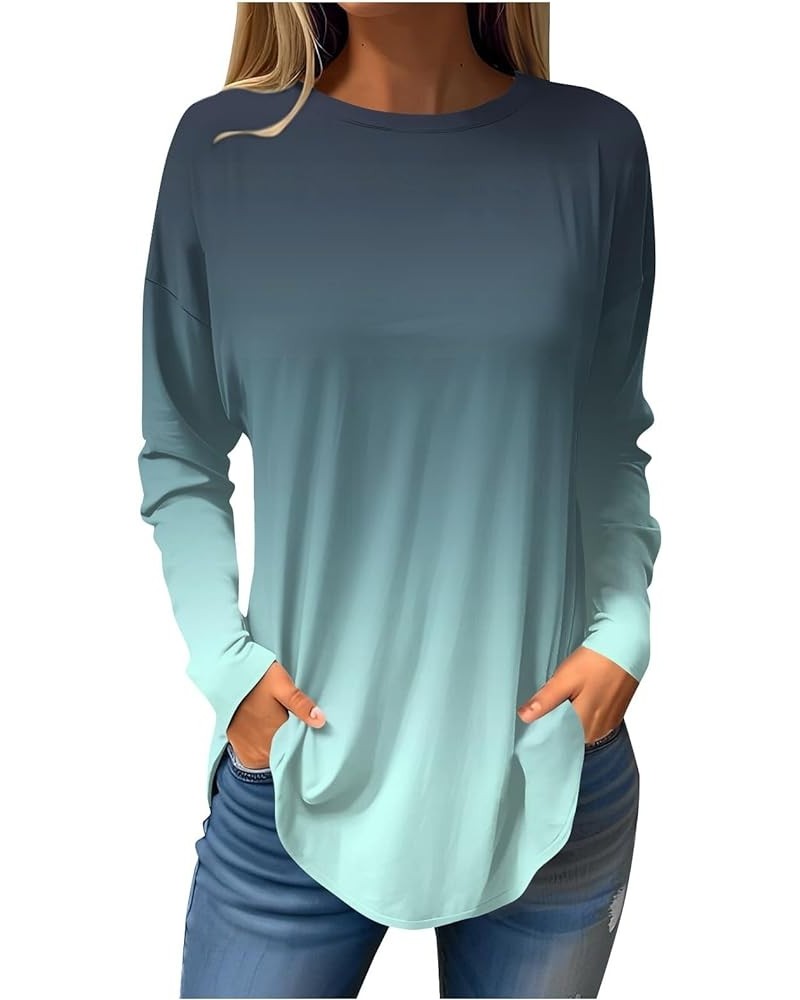 Women's Long Sleeve Tops Fashion Print Blouses Spring Casual Loose Fit Shirts Dressy Crew Neck Tunic Tops for Women 03-cyan $...