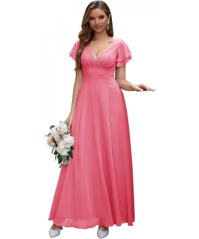 Chiffon Bridesmaid Dresses Long V Neck Formal Evening Dress with Slit Wedding Guest Dress Coral $22.00 Dresses