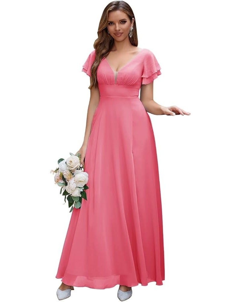 Chiffon Bridesmaid Dresses Long V Neck Formal Evening Dress with Slit Wedding Guest Dress Coral $22.00 Dresses