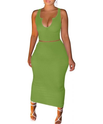 Women Sexy Two Piece Skirt Outfits Long Sleeve/Sleeveless V Neck Bodycon Ribbed Knitted Maxi Club Party Dress Green D-tank Sk...