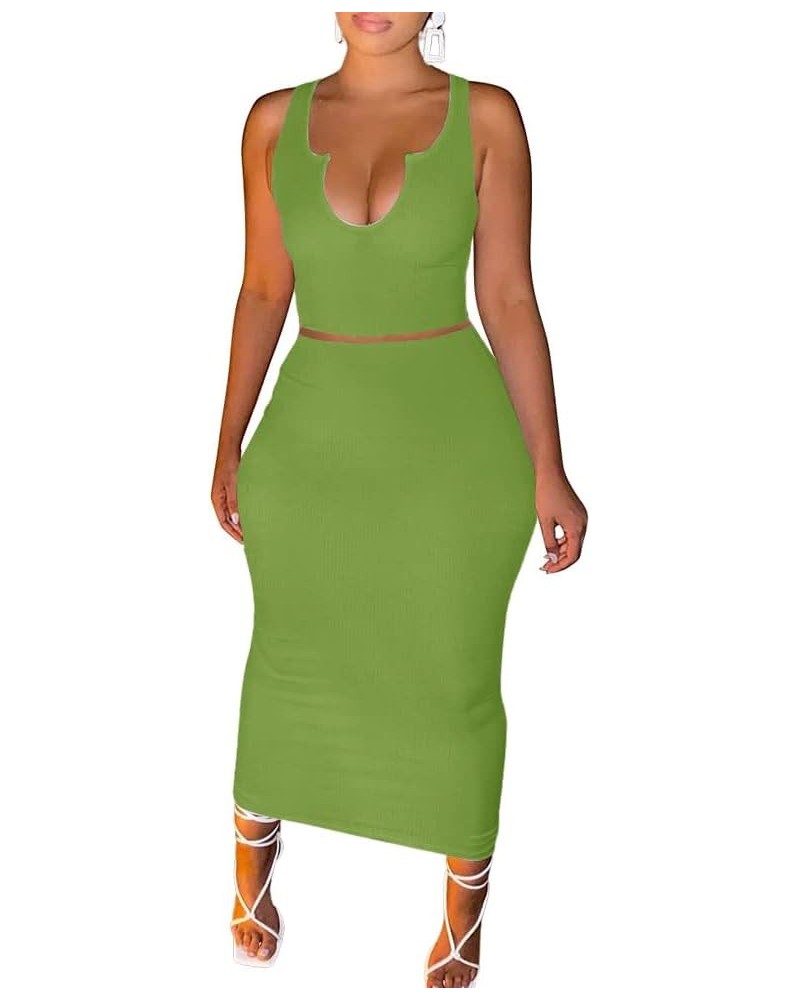 Women Sexy Two Piece Skirt Outfits Long Sleeve/Sleeveless V Neck Bodycon Ribbed Knitted Maxi Club Party Dress Green D-tank Sk...