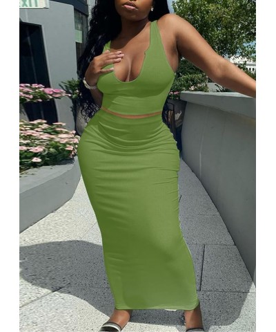 Women Sexy Two Piece Skirt Outfits Long Sleeve/Sleeveless V Neck Bodycon Ribbed Knitted Maxi Club Party Dress Green D-tank Sk...