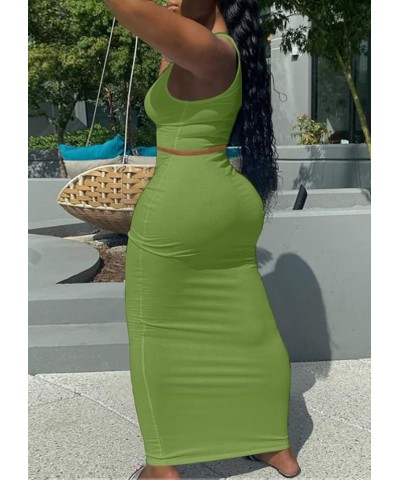 Women Sexy Two Piece Skirt Outfits Long Sleeve/Sleeveless V Neck Bodycon Ribbed Knitted Maxi Club Party Dress Green D-tank Sk...