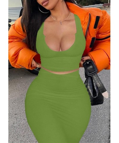 Women Sexy Two Piece Skirt Outfits Long Sleeve/Sleeveless V Neck Bodycon Ribbed Knitted Maxi Club Party Dress Green D-tank Sk...