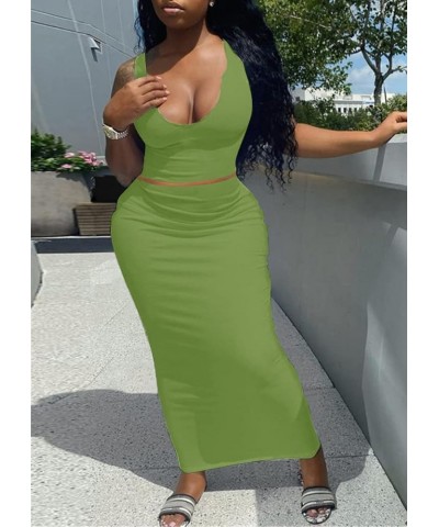 Women Sexy Two Piece Skirt Outfits Long Sleeve/Sleeveless V Neck Bodycon Ribbed Knitted Maxi Club Party Dress Green D-tank Sk...