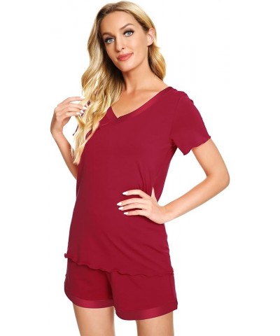 Viscose from Bamboo Pajamas Set for Women Soft Short Sleeve with Shorts Summer Plus Size Pjs Sets Sleepwear S-4X C-wine Red $...