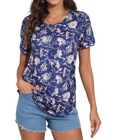 Summer Tops for Women Short Sleeve Crewneck Tshirts Side Split Loose Fit Tunic Shirts Dark Blue Flowers $14.49 Tops