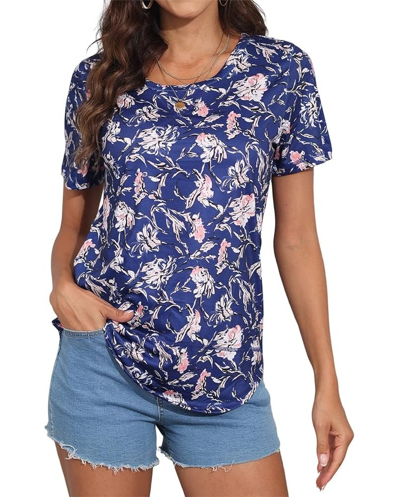 Summer Tops for Women Short Sleeve Crewneck Tshirts Side Split Loose Fit Tunic Shirts Dark Blue Flowers $14.49 Tops