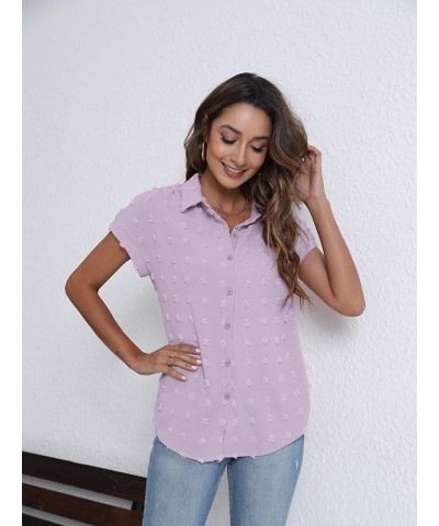 Women White Button Down Shirt Dressy Casual Work Tops Chiffon Blouse Summer Short Sleeve Shirts Light Purple $17.39 Blouses