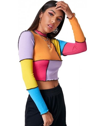 Women's Color Block Ribbed Knit Slim Fitted Long Sleeve Crop Tee Shirt Top Orange Purple Yellow $13.67 T-Shirts
