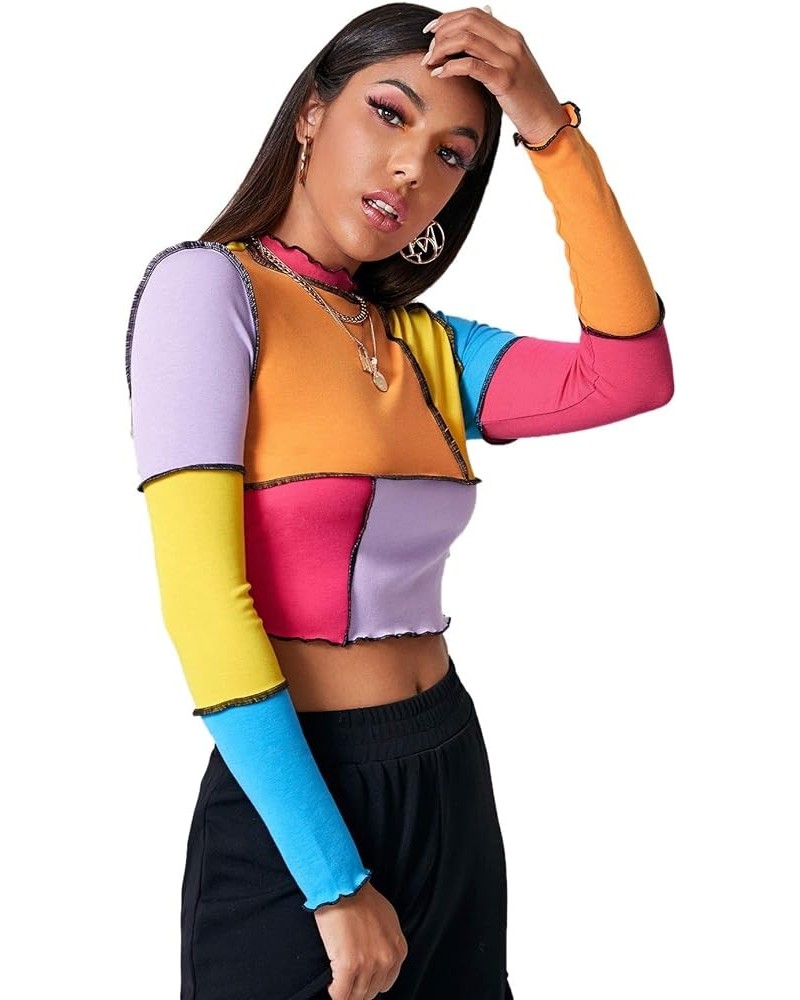 Women's Color Block Ribbed Knit Slim Fitted Long Sleeve Crop Tee Shirt Top Orange Purple Yellow $13.67 T-Shirts