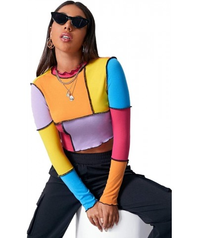 Women's Color Block Ribbed Knit Slim Fitted Long Sleeve Crop Tee Shirt Top Orange Purple Yellow $13.67 T-Shirts