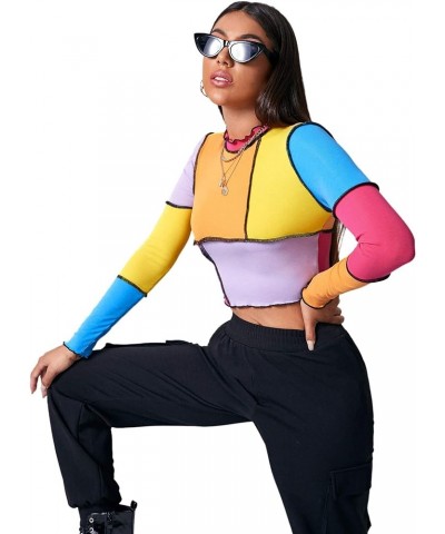 Women's Color Block Ribbed Knit Slim Fitted Long Sleeve Crop Tee Shirt Top Orange Purple Yellow $13.67 T-Shirts