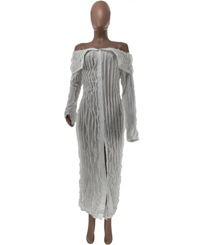 Women's Sexy Maxi Dress Off Shoulder See Through Mesh Long Sleeve Split Bodycon Cocktail Club Dress 0-white $15.00 Dresses