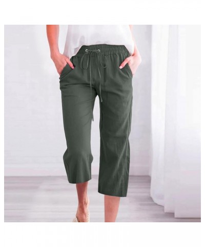 Linen Pants Women Petite, Womens Summer Plus Size Wide Leg Capri Pants Casual Elastic with Pockets Loose Pants Z1-army Green ...