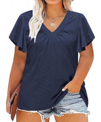 Womens Plus-Size Tops Ruffle Short Sleeve Summer Casual V Neck Loose Shirts 02_navy $11.00 T-Shirts