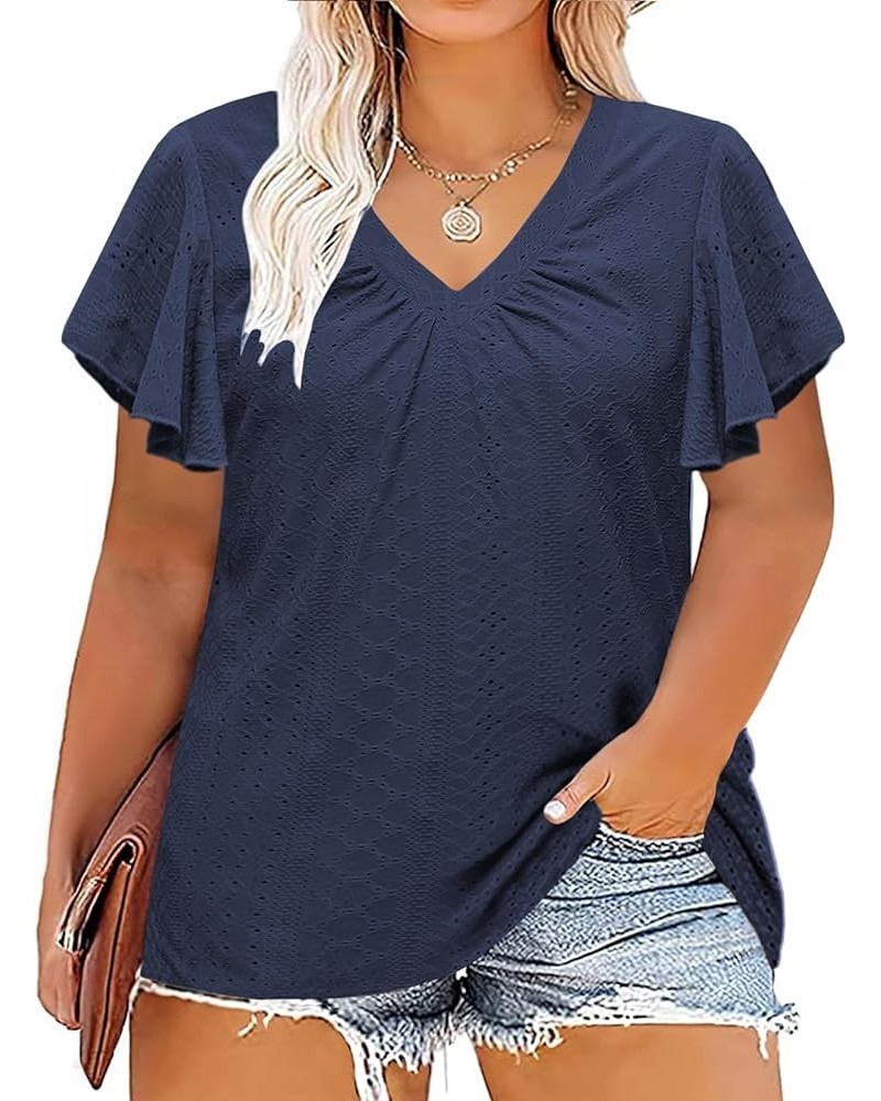 Womens Plus-Size Tops Ruffle Short Sleeve Summer Casual V Neck Loose Shirts 02_navy $11.00 T-Shirts