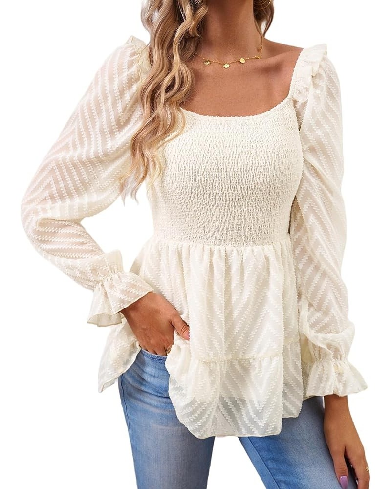 Square Neck Tops for Women Puff Long Sleeve Smocked Ruffle Hem Peplum Tops Tunic Blouse Apricot $14.99 Blouses