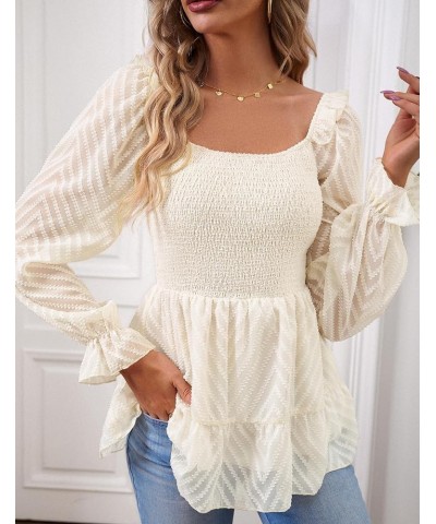 Square Neck Tops for Women Puff Long Sleeve Smocked Ruffle Hem Peplum Tops Tunic Blouse Apricot $14.99 Blouses