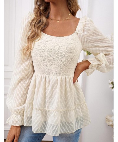 Square Neck Tops for Women Puff Long Sleeve Smocked Ruffle Hem Peplum Tops Tunic Blouse Apricot $14.99 Blouses